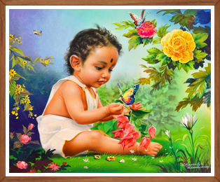 Baby Krishna with Butterfly Art | Playful Religious Art | Children's Devotional Decor