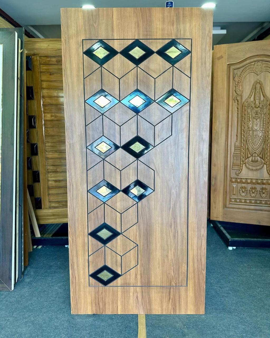 Modern Geometric Wooden Door with Stone Accent